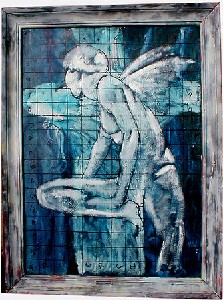 seated angel on blue