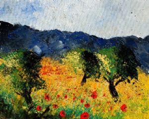 olive trees and red poppies