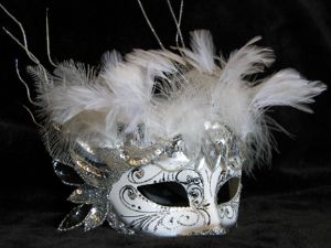 Fancy white designer venetian feather mask made by www.socaldesignco.com