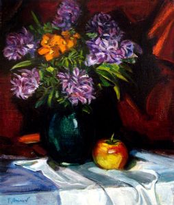 Aminov,Faizulla-Purple flowers hiacinths and an apple. Nature morte.
