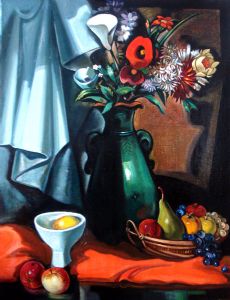 White and orange  flower in a green vase. Nature morte.