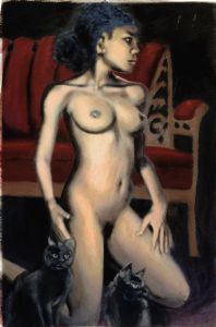 NUDE FEMALE Woman Kneeling with Cats