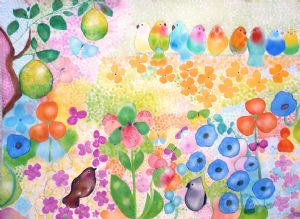 Original Watercolor Spring 2010 Lovebirds And Lemons