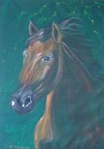 Brown horse portrait on green velvet