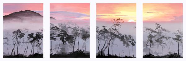 Against the backdrop of the sunset fog. Screen in 4 parts.