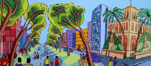 perez,Raphael-Couples sur le boulevard art naf contemporain moderne peintre artiste isralien