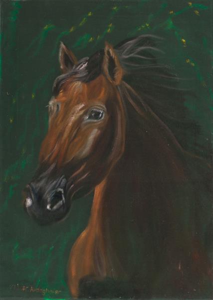 Brown horse portrait on green velvet