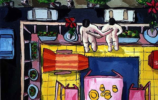 perez,Raphael-gay couple on the balcony homosexual paintings queer artworks by raphael perez lgbt painter