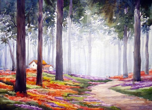 Flower Garden inside a Forest-Watercolor on paper painting