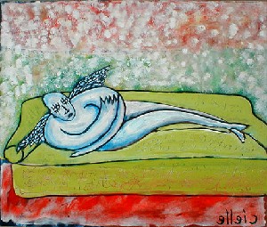 angel on green couch